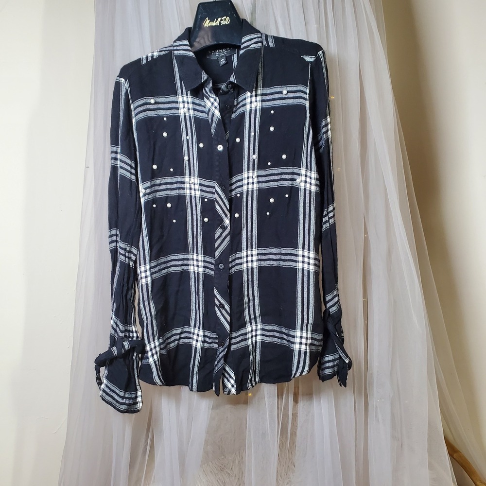 Laundry By Shelli Pearl Embellished Flannel Shirt Western Boho Feminine Y2K L - Picture 2 of 8